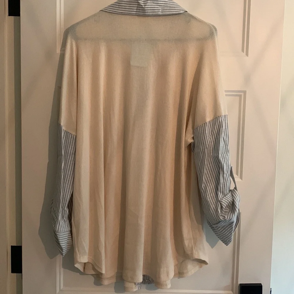 Ribbed Long Sleeve Shacket with Striped Detail - Ivory - Picture 8 of 9